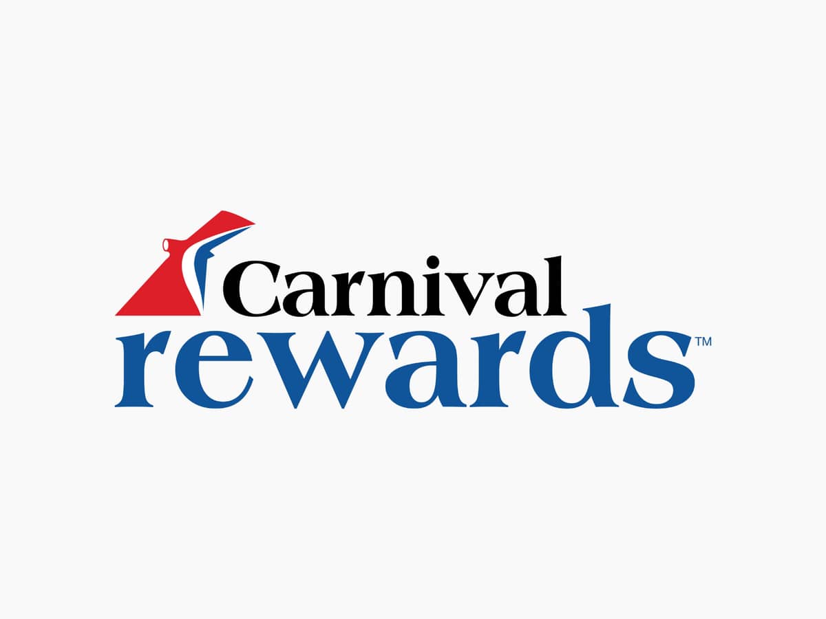 Carnival Rewards logo featuring a red funnel shape with a blue accent above the word “Carnival” in black and the word “rewards” in large blue text underneath. The trademark symbol appears after "rewards".