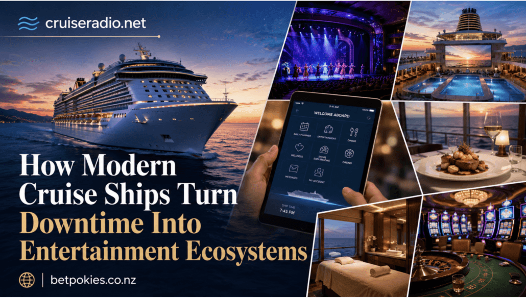A collage shows a cruise ship at sunset, a theater performance, a pool deck, a tablet with ship services, a plated meal, a casino, and a bedroom—highlighting the range of entertainment and downtime options on modern cruise ships.