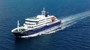 A large blue and white cruise ship sails through calm blue water, leaving a white wake behind it under a clear sky, far from any Nebraska quarantine.