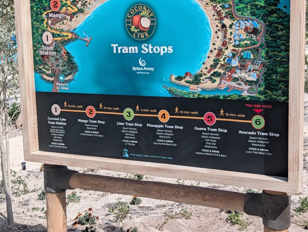 A signboard displays a map of Coconut Line tram stops with numbers, names, walking times, and corresponding activities listed below, set outdoors on Half Moon Cay with plants and sand visible in the background—a perfect way to Relax Away during your Carnival getaway.