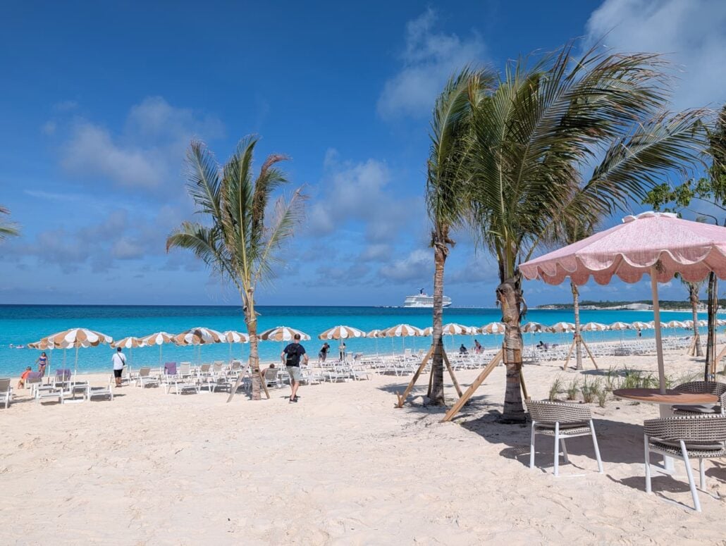 Half Moon Cay relax away new beach with loungers. photo by Doug Parker/Cruise Radio