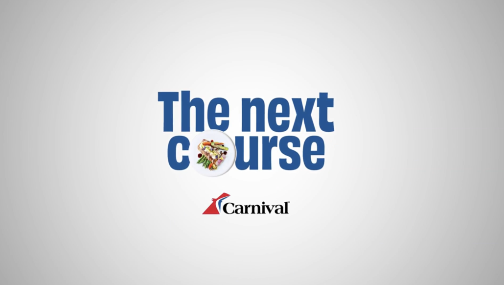 Blue text reading "The next course" with an image of a plate of food inside the letter "o." Below is the red and black Carnival Cruise Line logo, highlighting new menus, on a light gray background.