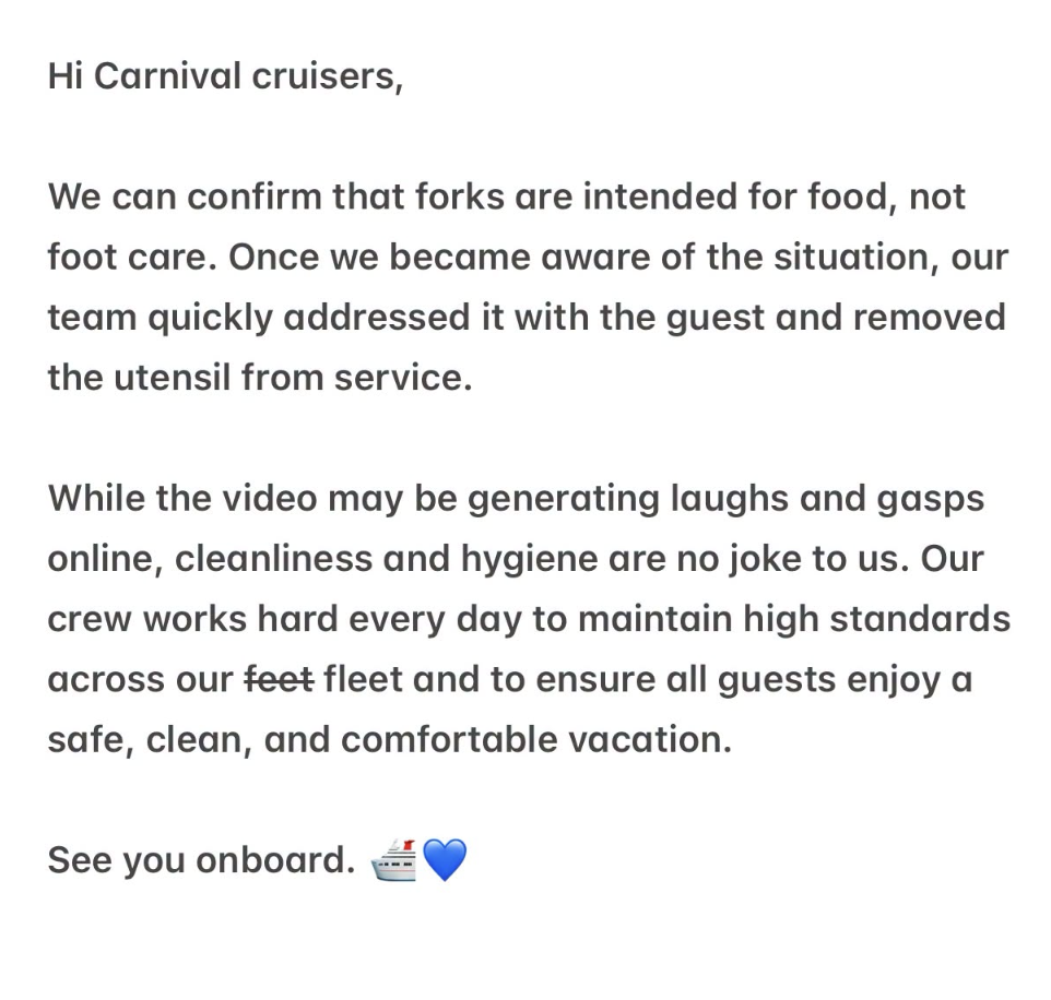 A message from Carnival Cruise Line explains that forks are for food, not for any foot scratching cruiser. It assures guests the situation was handled, emphasizes hygiene standards, and invites guests onboard with a ship and heart emoji.