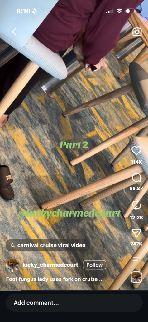 A person barefoot with visible foot fungus sits on a chair, their foot on a patterned carpet, engaged in some foot scratching. A black slide sandal—likely their go-to cruiser—is on the floor. Instagram video interface elements and text overlays are visible.