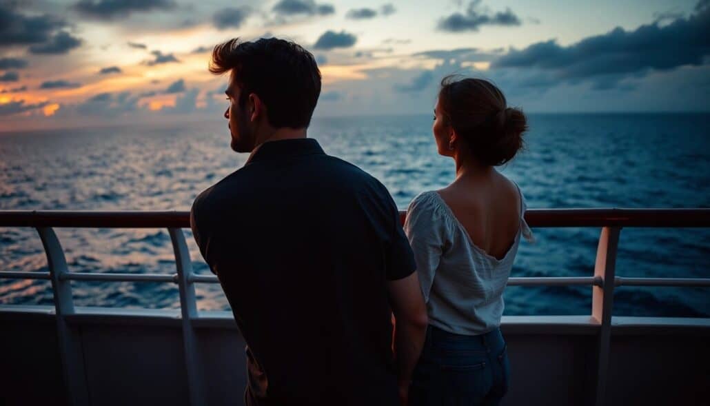 A man and a woman stand next to each other on the deck of a ship, facing the ocean at sunset. The sky is partly cloudy and the sea appears calm. Both are casually dressed and looking toward the horizon.