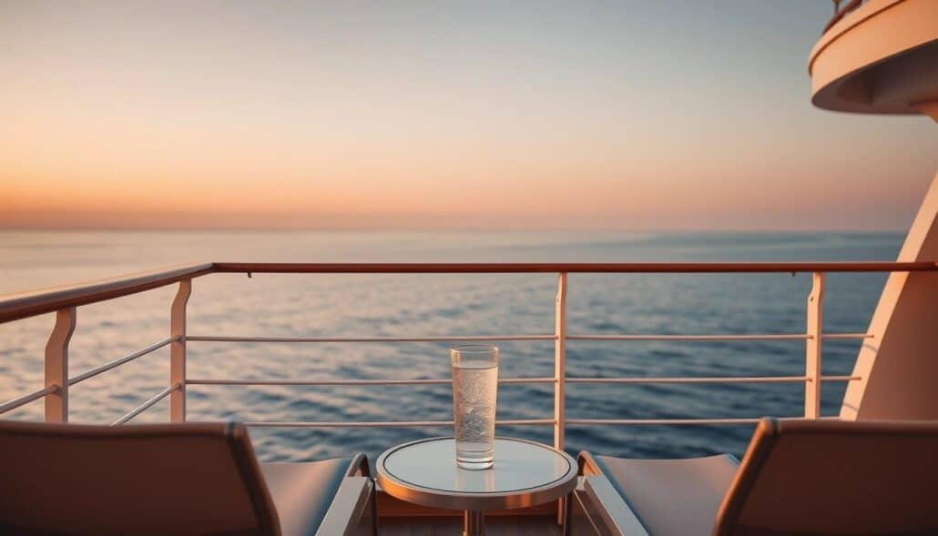 A glass of water sits on a small round table between two empty chairs on a balcony overlooking the ocean at sunset. The scene is calm, with warm colors and clear skies visible in the background.