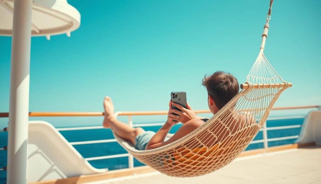 A person lies in a hammock on the deck of a boat, holding a smartphone. The ocean and clear blue sky are visible in the background, suggesting a calm and sunny day.