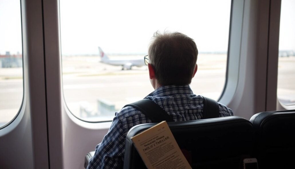 A man with glasses sits in an airport terminal facing large windows, looking at a plane on the runway. A book is visible in his seatback pocket, and a phone rests on the armrest.