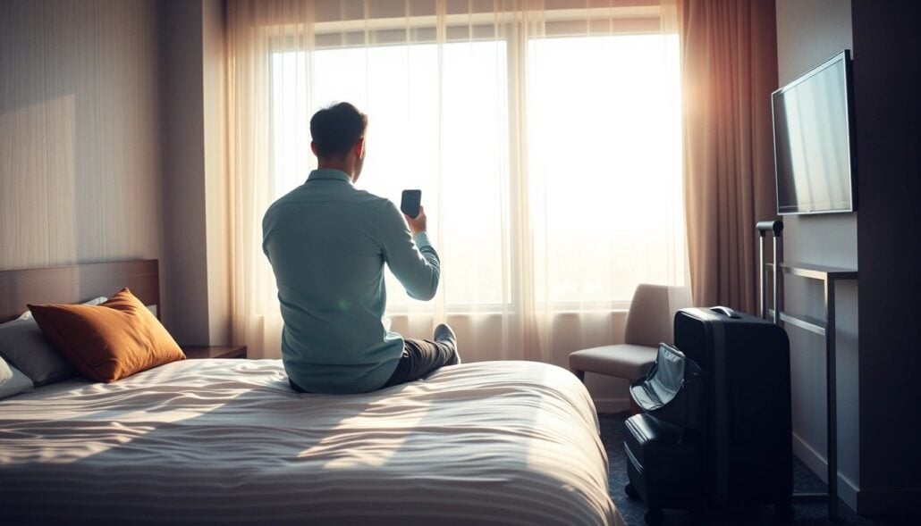 A person sits on a hotel bed facing a window with sheer curtains, holding a smartphone. A suitcase and a television are visible in the room, and sunlight streams through the window.