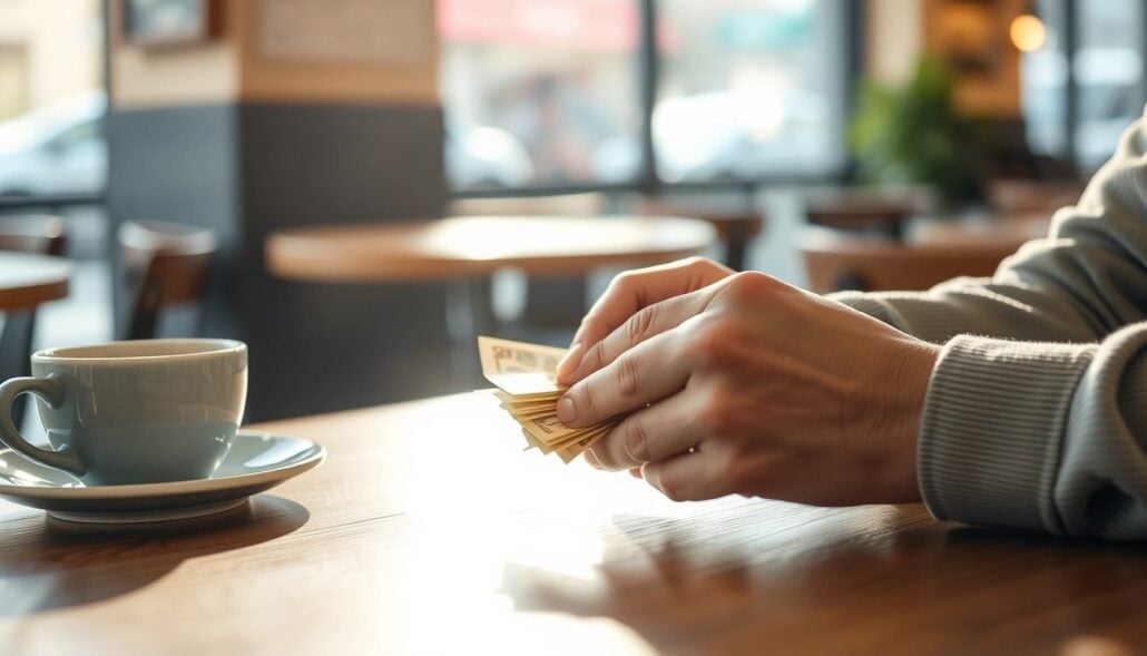 A person sitting at a table in a café, holding a stack of sugar packets next to a cup of coffee, with empty chairs and tables in the blurred background.