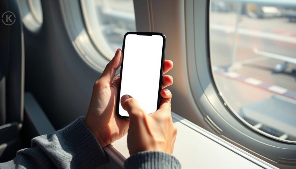 A person holds a smartphone with a blank white screen while seated next to an airplane window, with natural light coming through and part of the airport visible outside.