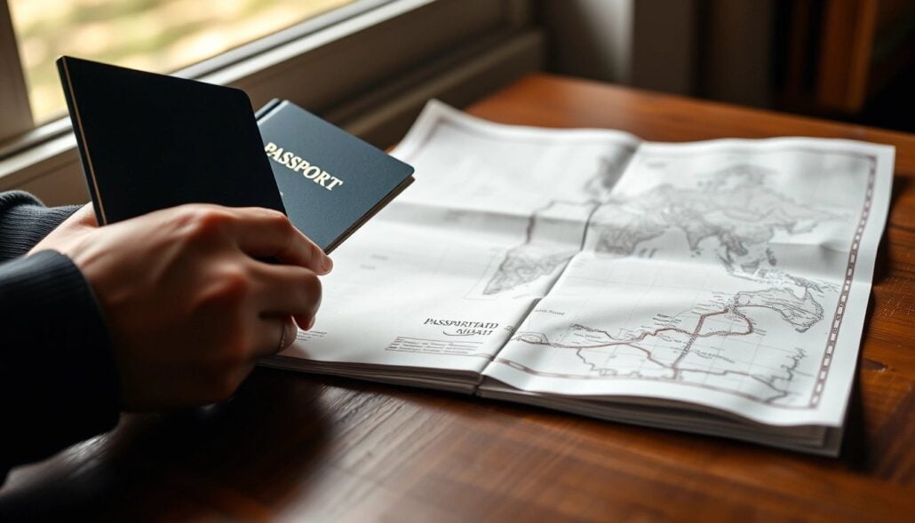 A person holds two passports near an open map showing continents and travel routes, with daylight coming through a nearby window.