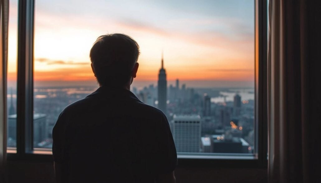 A person stands indoors, silhouetted against a large window, looking out at a city skyline with a tall building centered and the sun setting in the background.