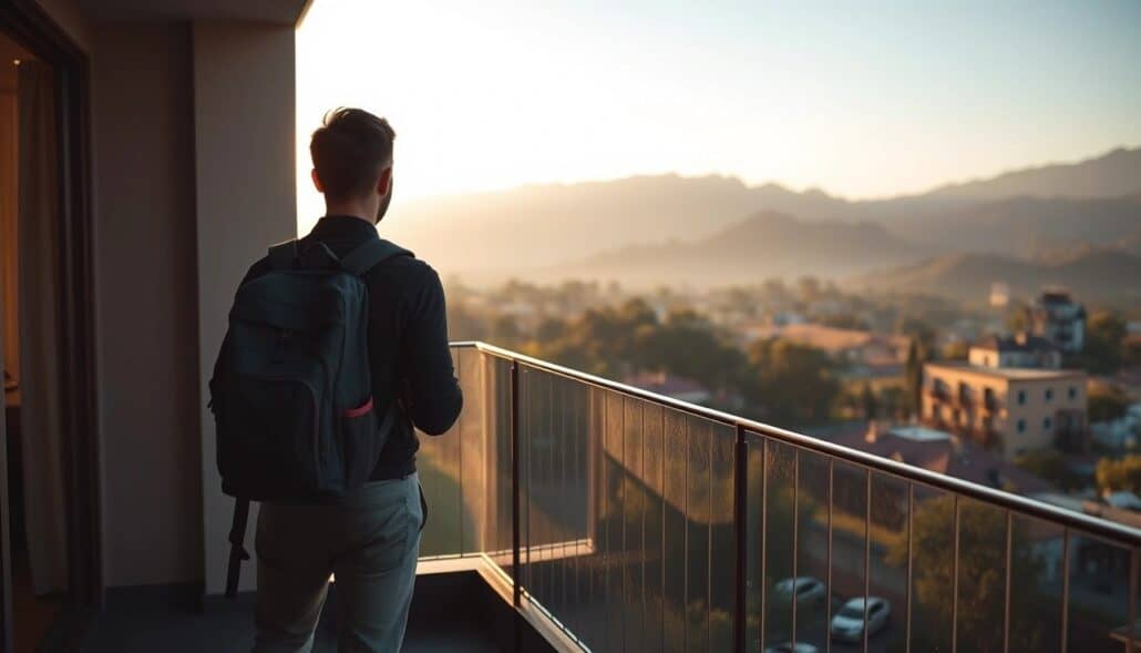 A person with a backpack stands on a balcony at sunrise, overlooking a city with buildings and distant mountains under a clear sky.