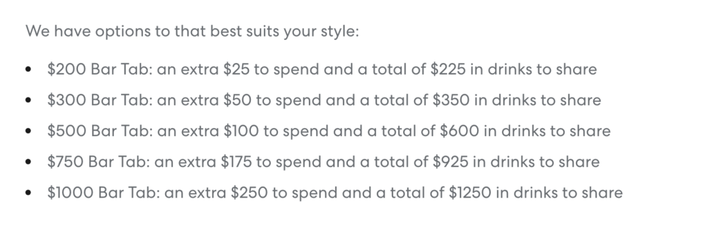 A list of Virgin Voyages bar tab options from $200 to $1000, each showing the total amount in drinks and the bonus amount to spend—ranging from $25 to $250 extra—makes it easy to choose the perfect drink packages for every level of Bad Behavior.