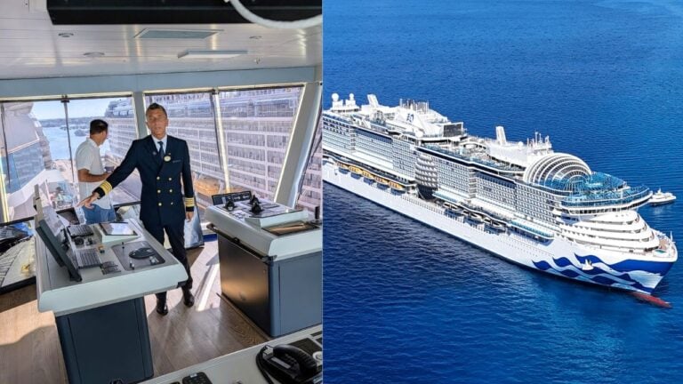 Two images side by side: on the left, Captain Gennaro Arma stands on a Princess Cruises ship’s bridge; on the right, a large white cruise ship sails on blue ocean water, celebrating 28 years of maritime excellence.