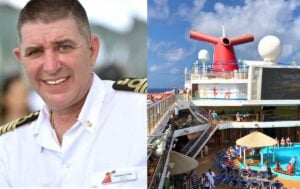 A man in a white cruise ship captain’s uniform—Captain Francesco La Farina—is smiling on the left. On the right, people are relaxing by a pool on the deck of a Carnival Cruise Line ship with the iconic red funnel in the background.