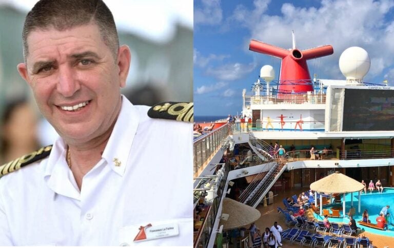 A man in a white cruise ship captain’s uniform—Captain Francesco La Farina—is smiling on the left. On the right, people are relaxing by a pool on the deck of a Carnival Cruise Line ship with the iconic red funnel in the background.