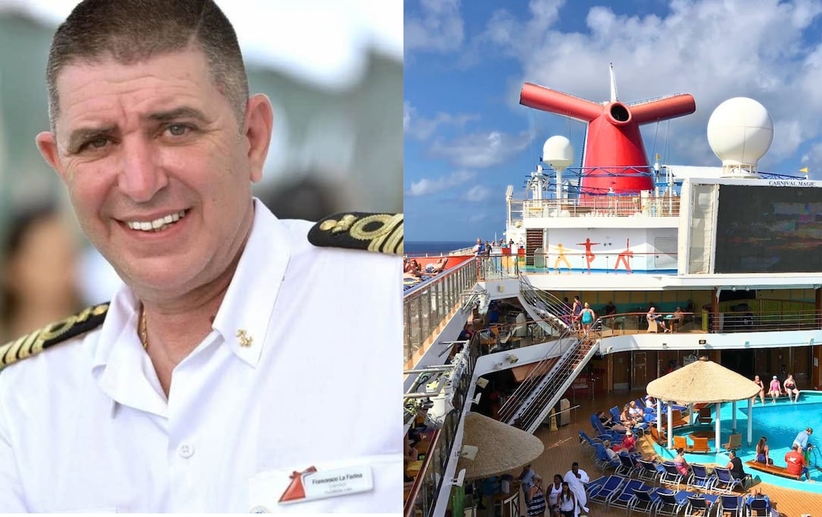 A man in a white cruise ship captain’s uniform—Captain Francesco La Farina—is smiling on the left. On the right, people are relaxing by a pool on the deck of a Carnival Cruise Line ship with the iconic red funnel in the background.