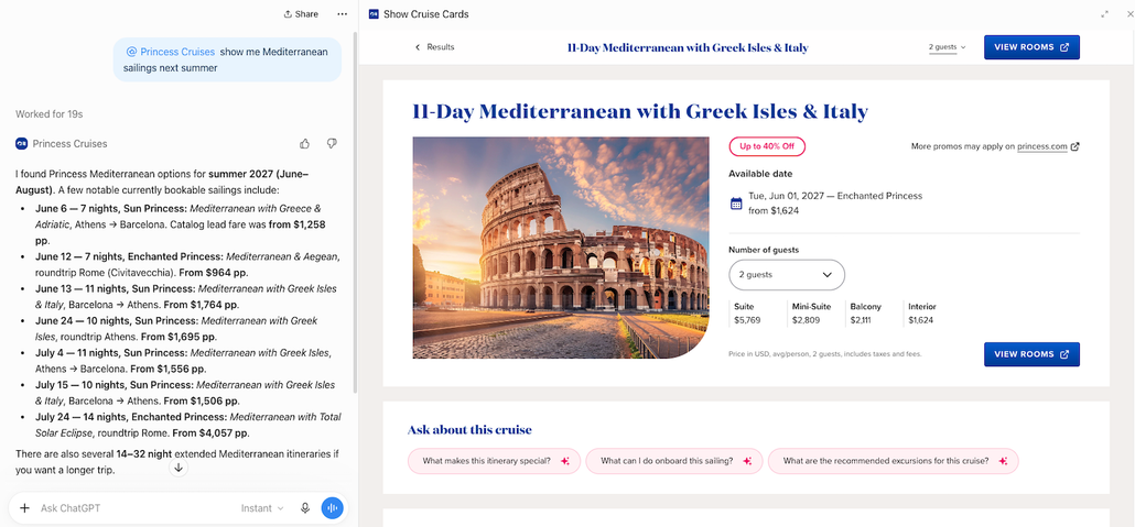 A Princess Cruises ChatGPT app interface displaying summer 2027 sailings on the left, next to a detailed booking page for an 11-day Mediterranean cruise featuring a large image of the Colosseum.