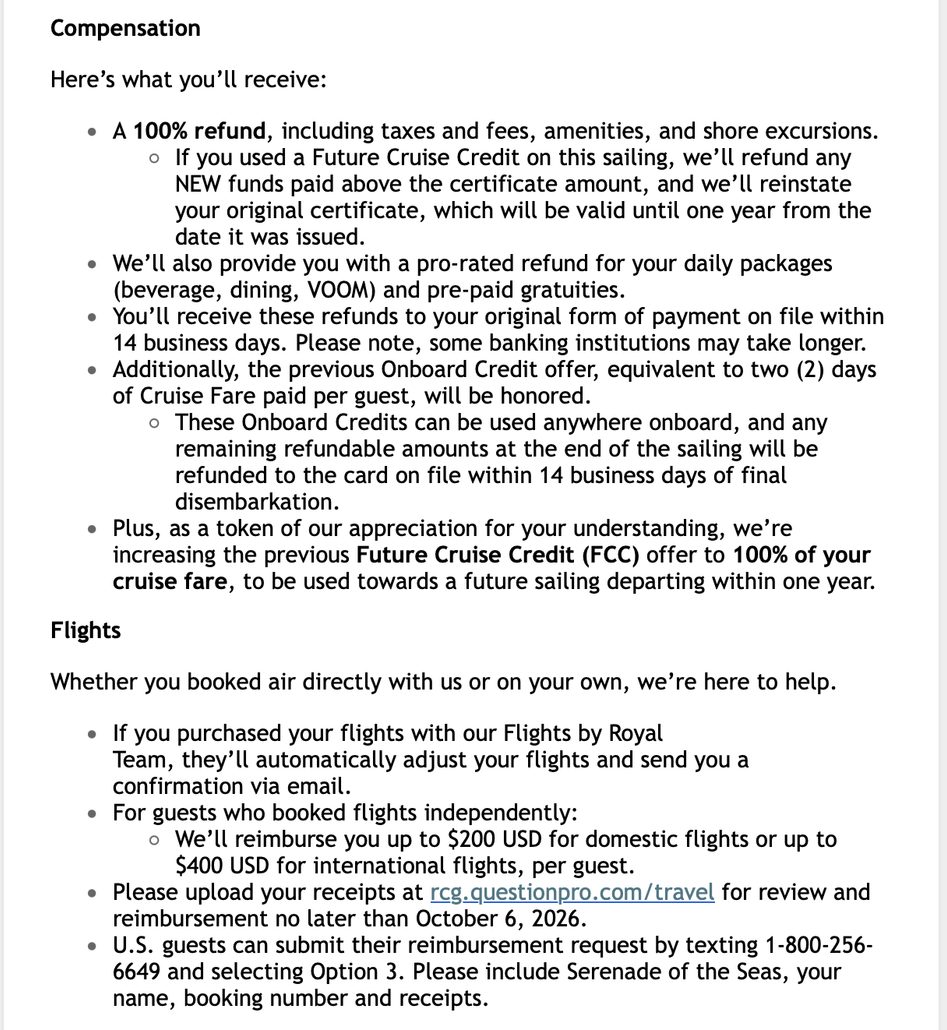 A screenshot of a compensation notice outlining options for Future Cruise Credit, refunds, Onboard Credit, and flight booking details, including procedures for both independent and Royal Caribbean flight bookings.
