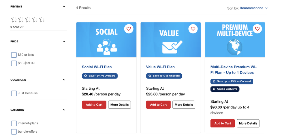 Three WiFi plans are displayed: Social ($20.40/day), Value ($23.80/day), Premium Multi-Device ($90/day, up to 4 devices). Options to add to cart or view details are shown. Filters are on the left.