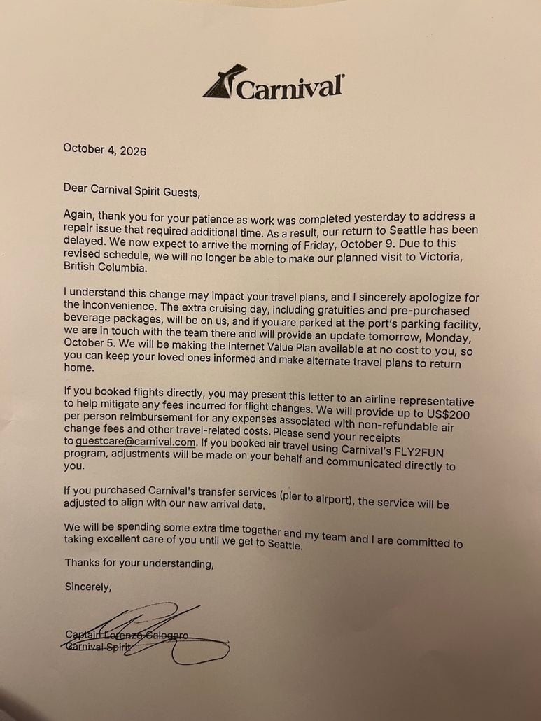 Letter from the Carnival Spirit captain dated October 4, 2026, informing guests of a Seattle cruise travel delay and a cancelled visit to Victoria due to mechanical repairs.