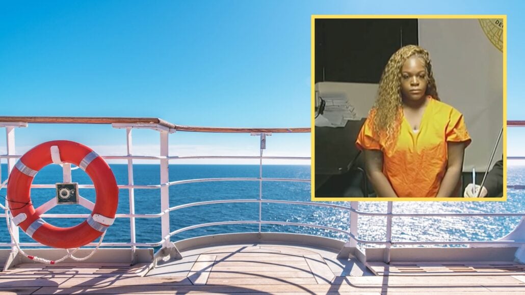 A view from a Carnival Cruise ship deck over the ocean, with an inset image of a woman in an orange jumpsuit being held for child abandonment at a table.