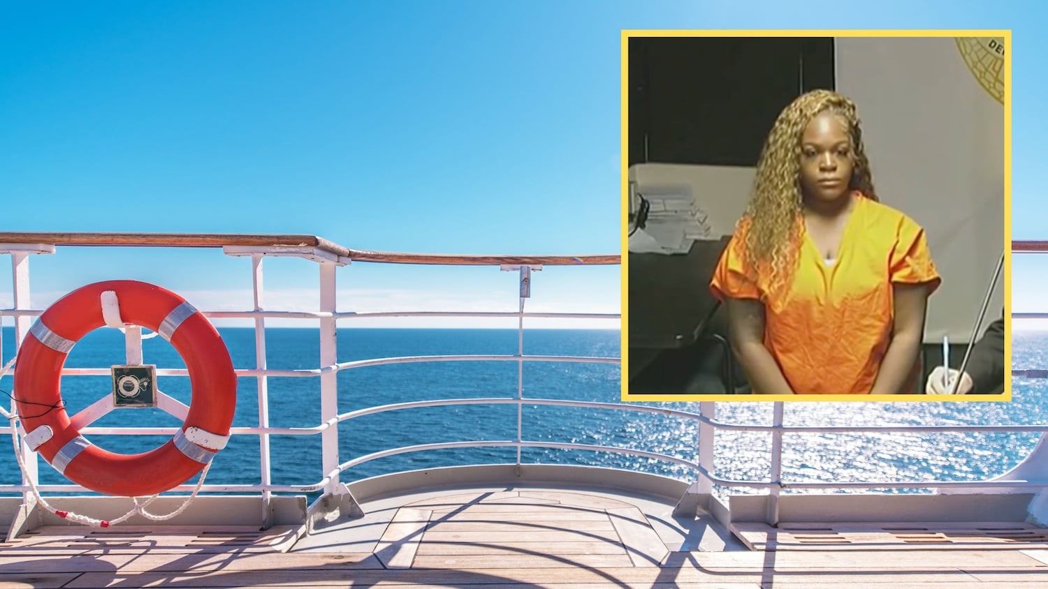 A view from a Carnival Cruise ship deck over the ocean, with an inset image of a woman in an orange jumpsuit being held for child abandonment at a table.