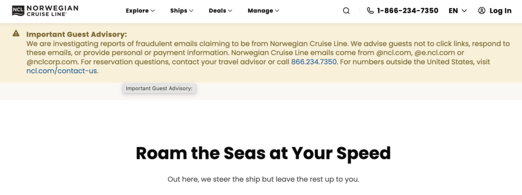Norwegian Cruise Line website header featuring an important cruise scam alert regarding fraudulent emails, followed by the headline “Roam the Seas at Your Speed.”