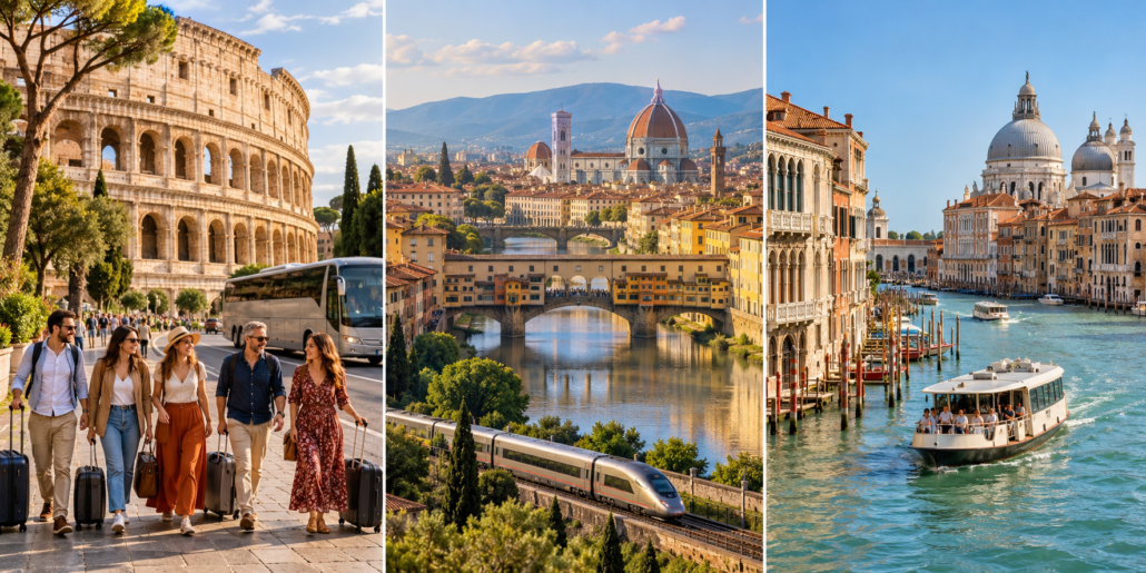 A triptych showing tourists walking near the Colosseum in Rome, a train passing the Ponte Vecchio in Florence, and a water bus traveling the Grand Canal in Venice.